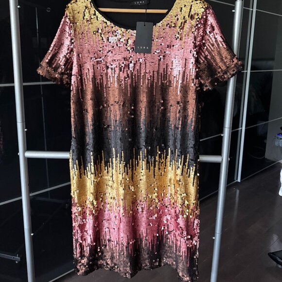 LUNA Shine Me Up Sequin Shift Dress Gold Multi - Picture 1 of 7
